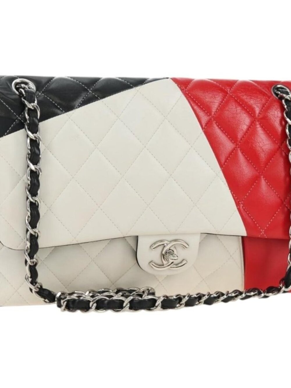 CHANEL Chain Big Matelasse 30 Bag Lamb Skin White Black Silver CC Auth 190244SAM
